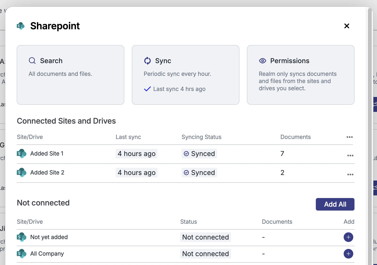 SharePoint data source page showing connected sites and available sites to add