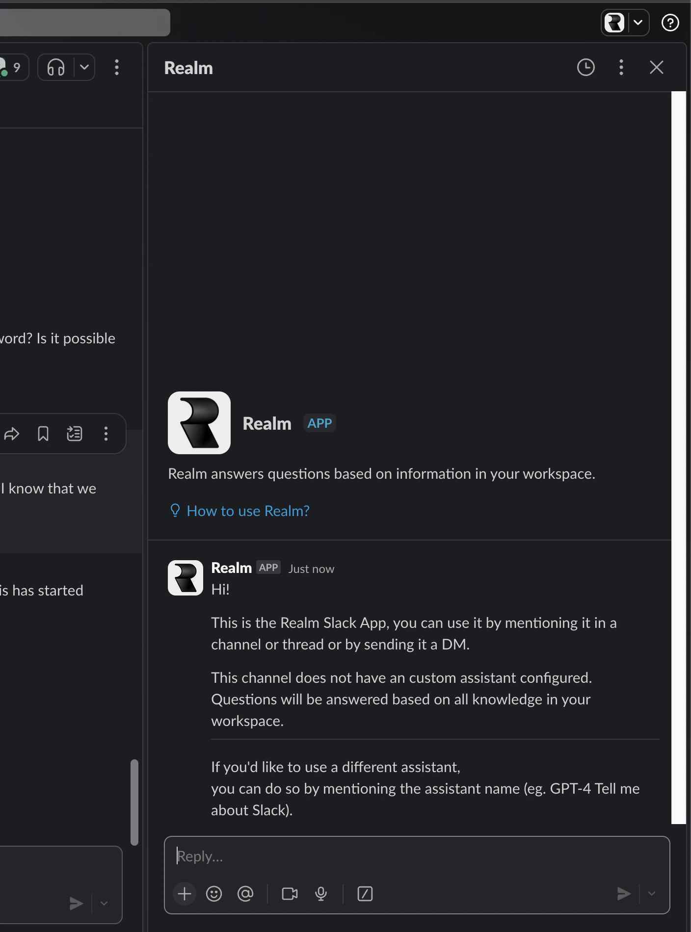 Realm app shown in the Slack assistants sidebar