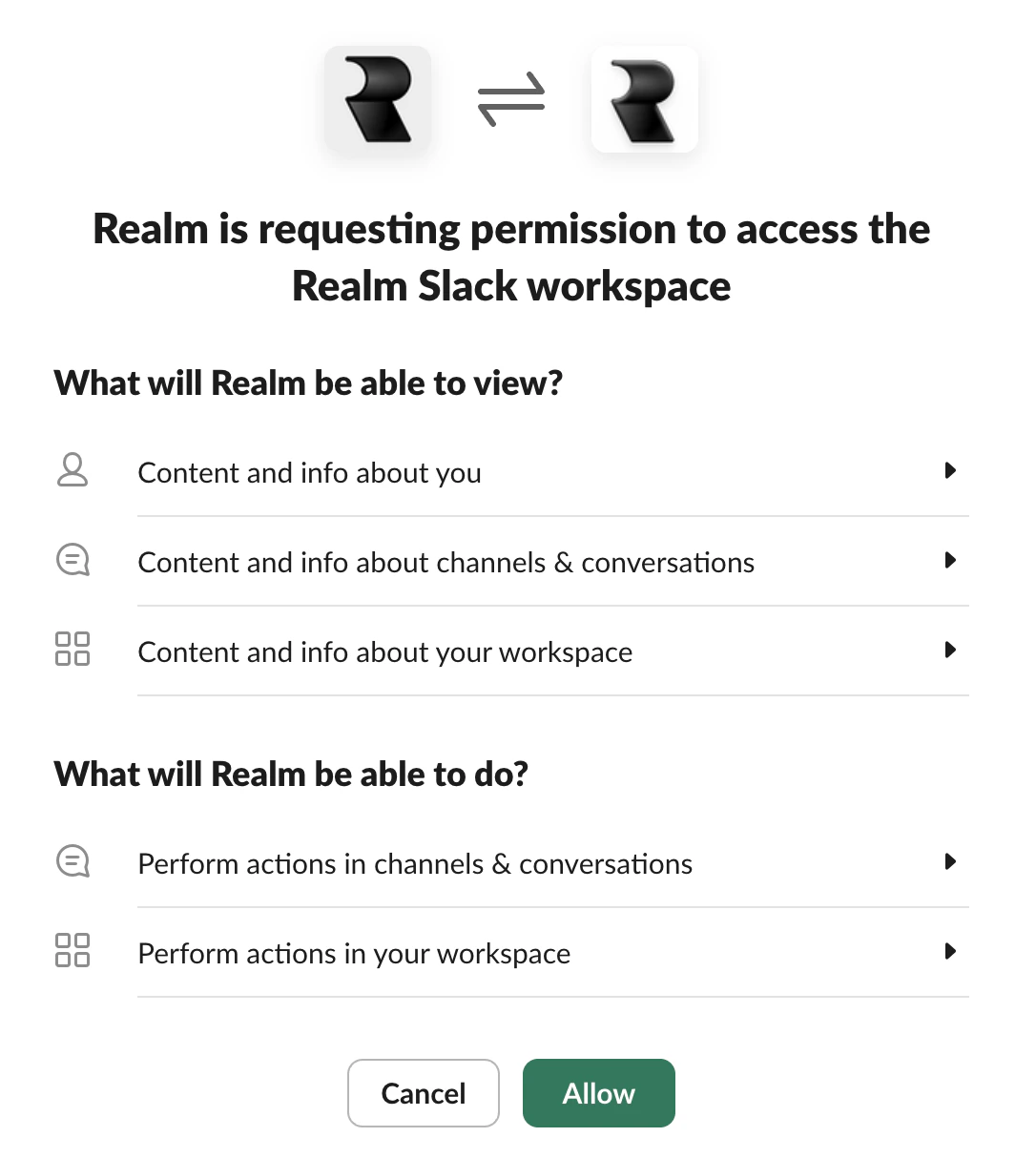 Slack OAuth consent screen showing the permissions Realm requests