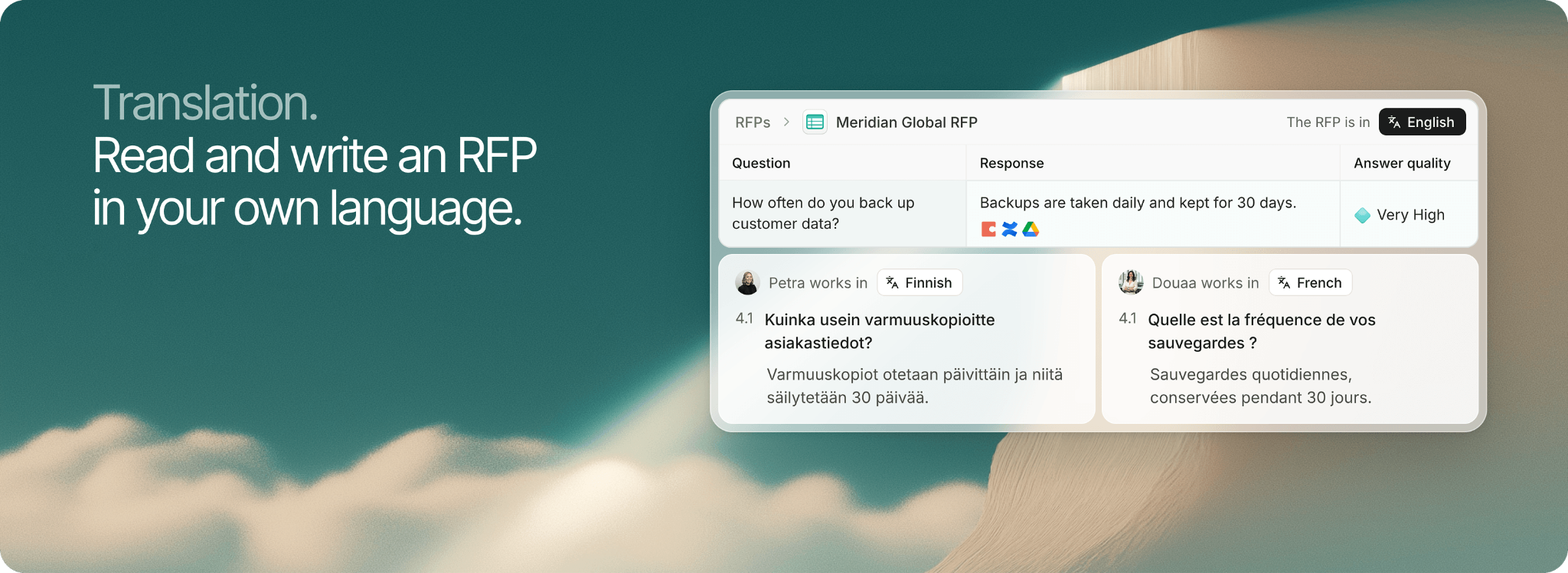 An English RFP row on backups shown to two colleagues at once, one working in Finnish and one in French, each seeing the question and answer in their own language