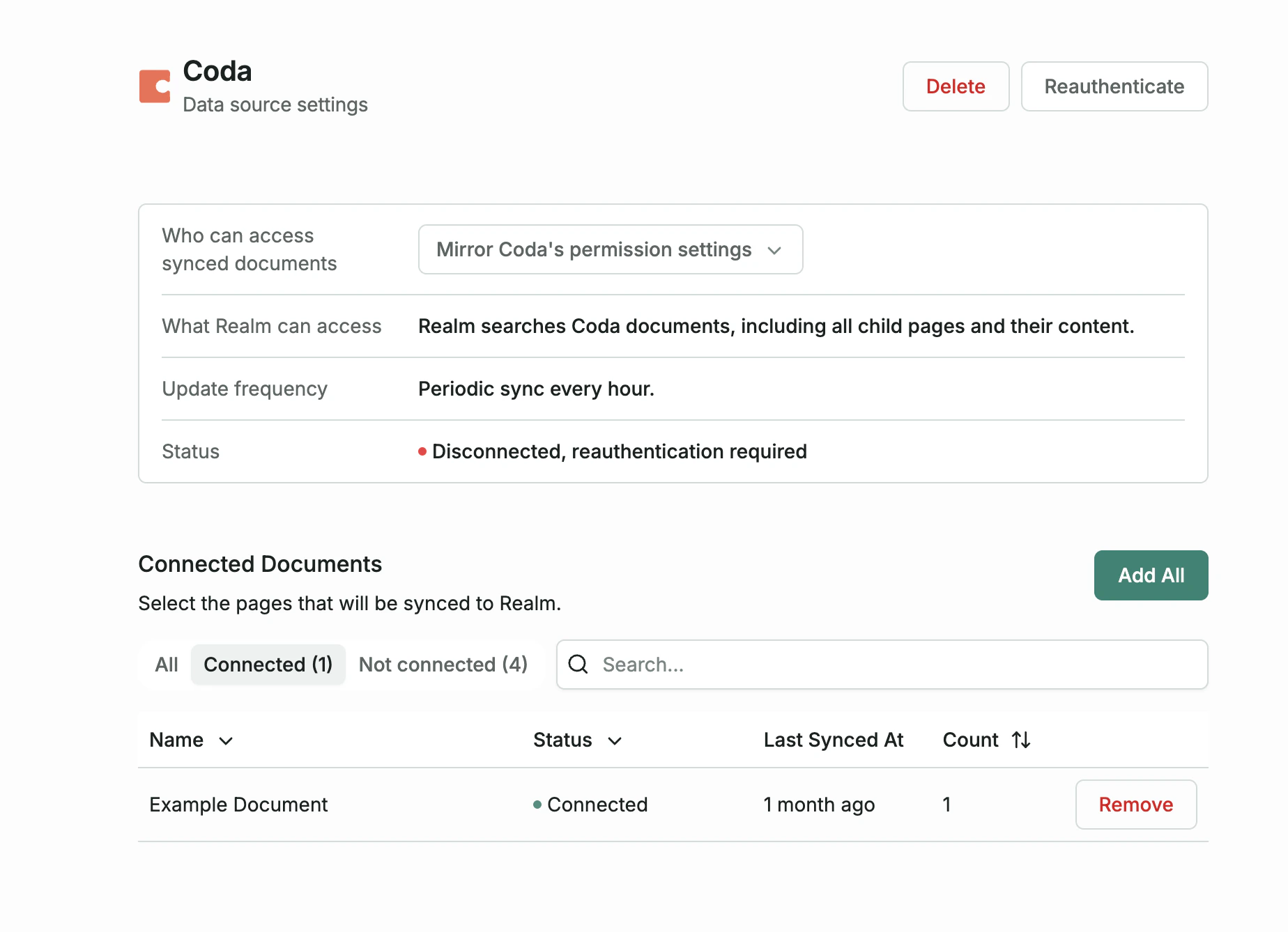 Coda data source page showing connected documents and sync status
