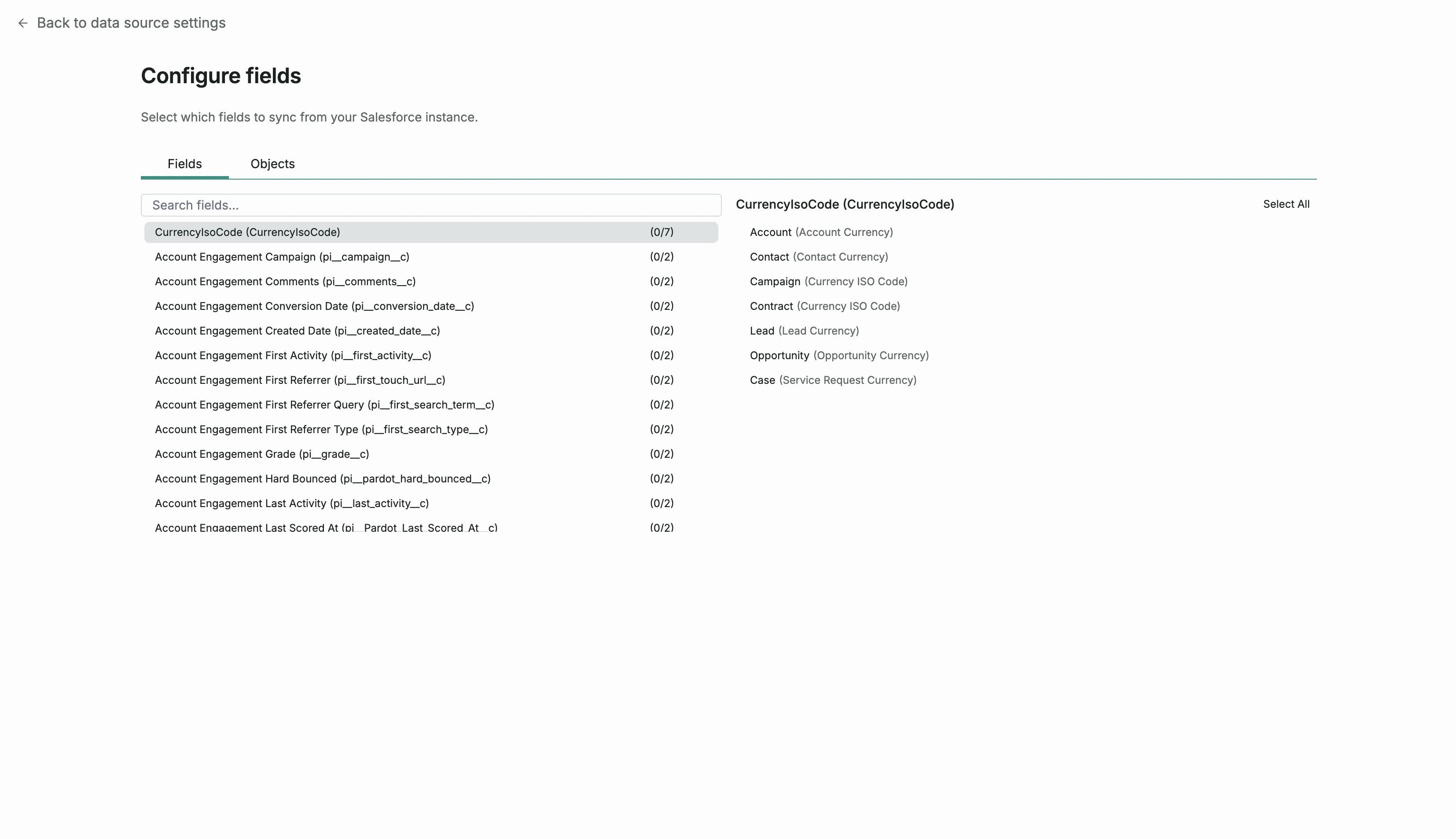 Salesforce field selection UI showing individual field toggles