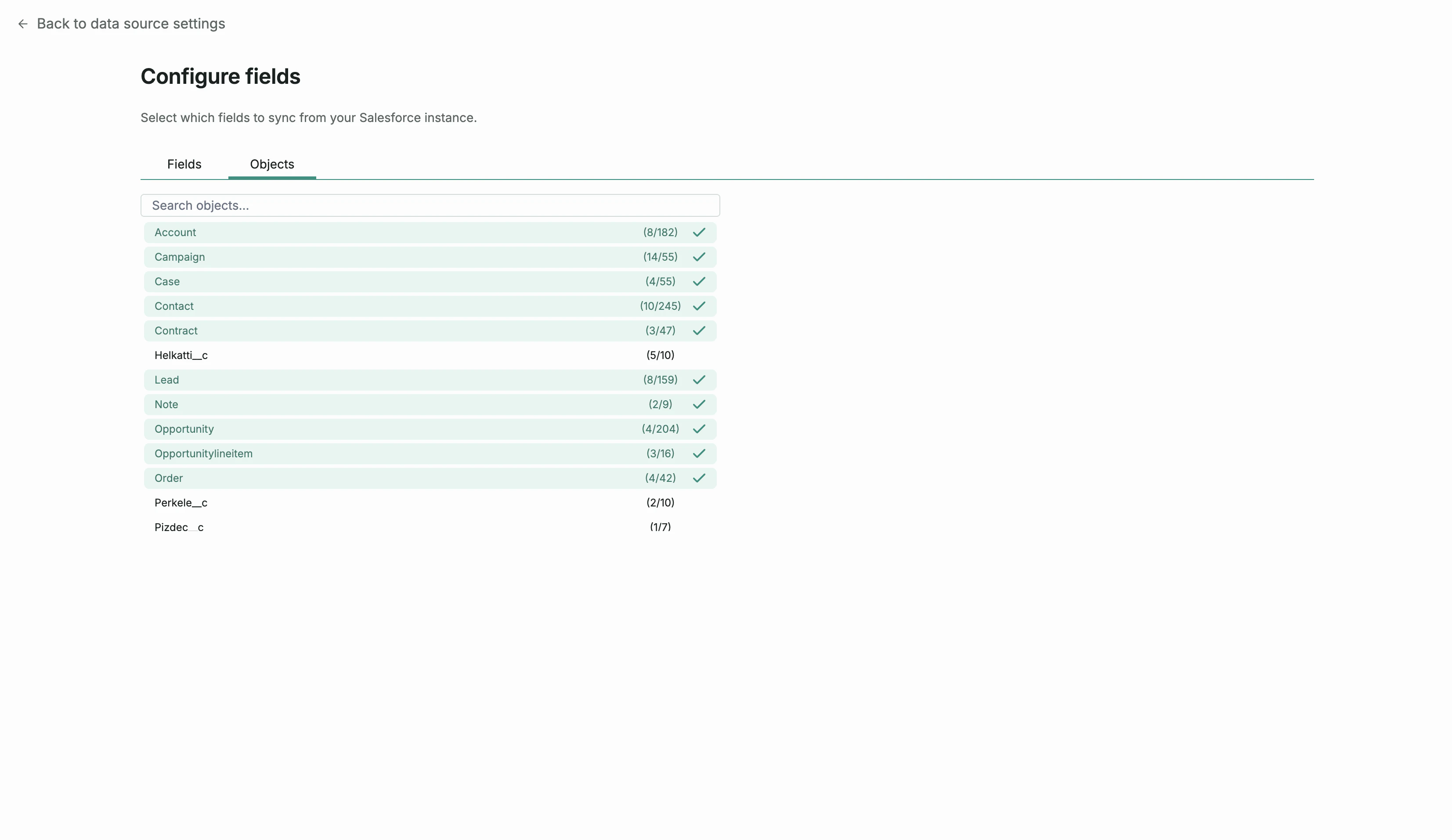 Salesforce object selection UI with toggles for each object