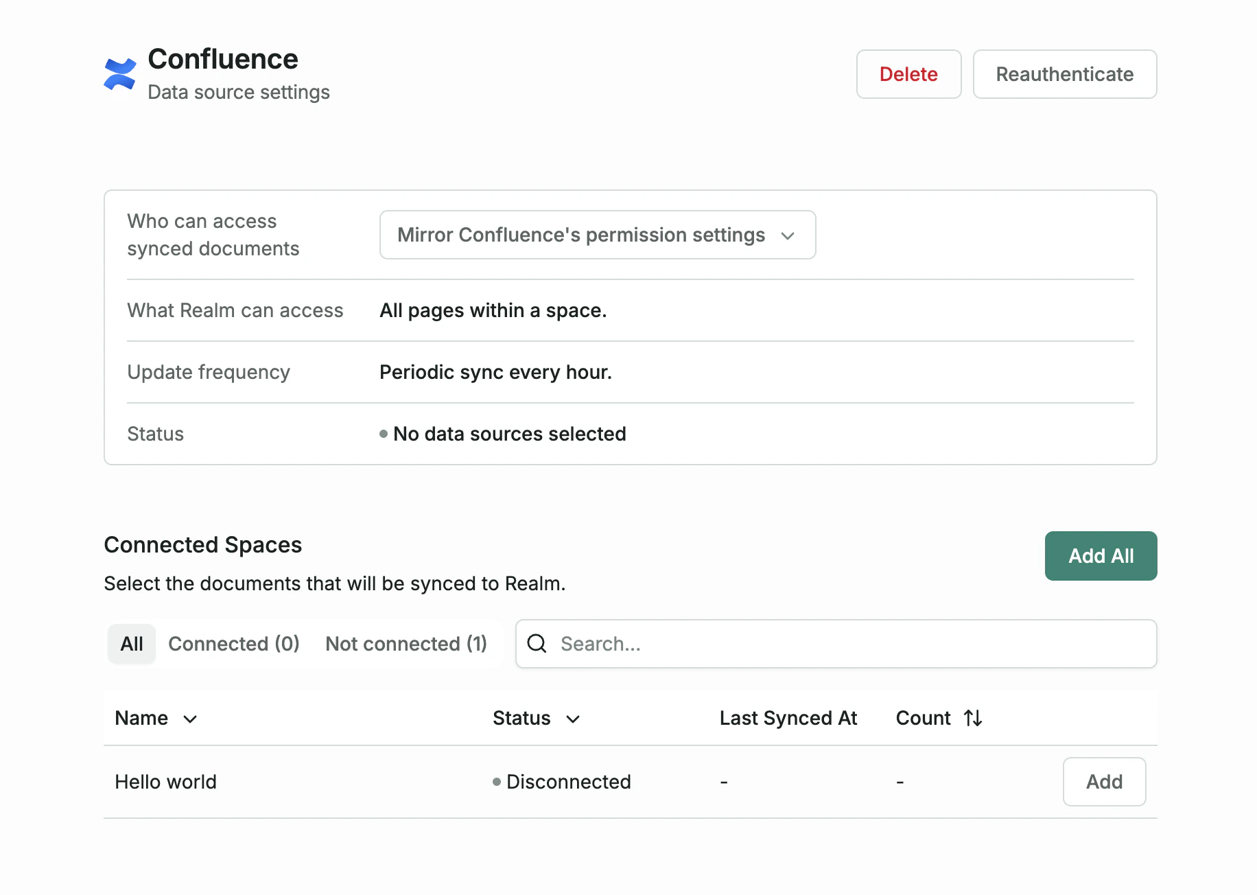 Confluence data source page showing connected spaces and available spaces