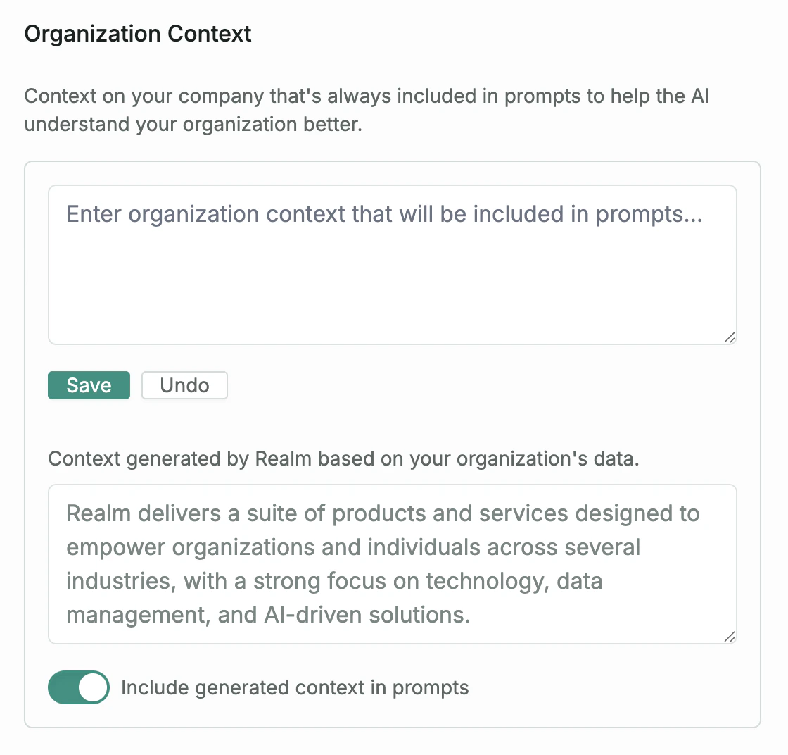 Organization context editor with custom and auto-generated sections
