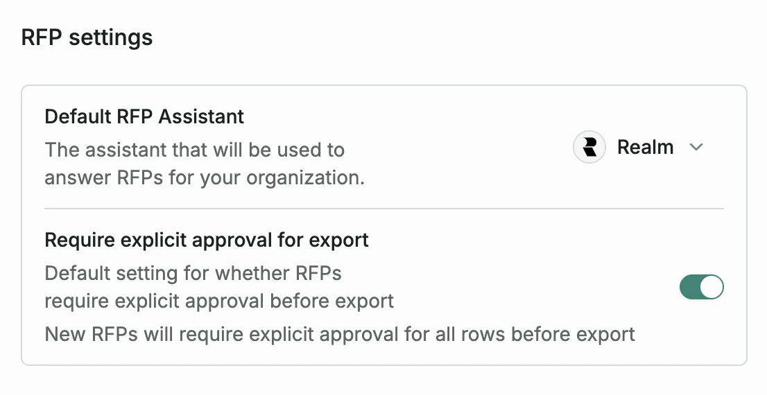 RFP settings with default assistant and export approval toggle