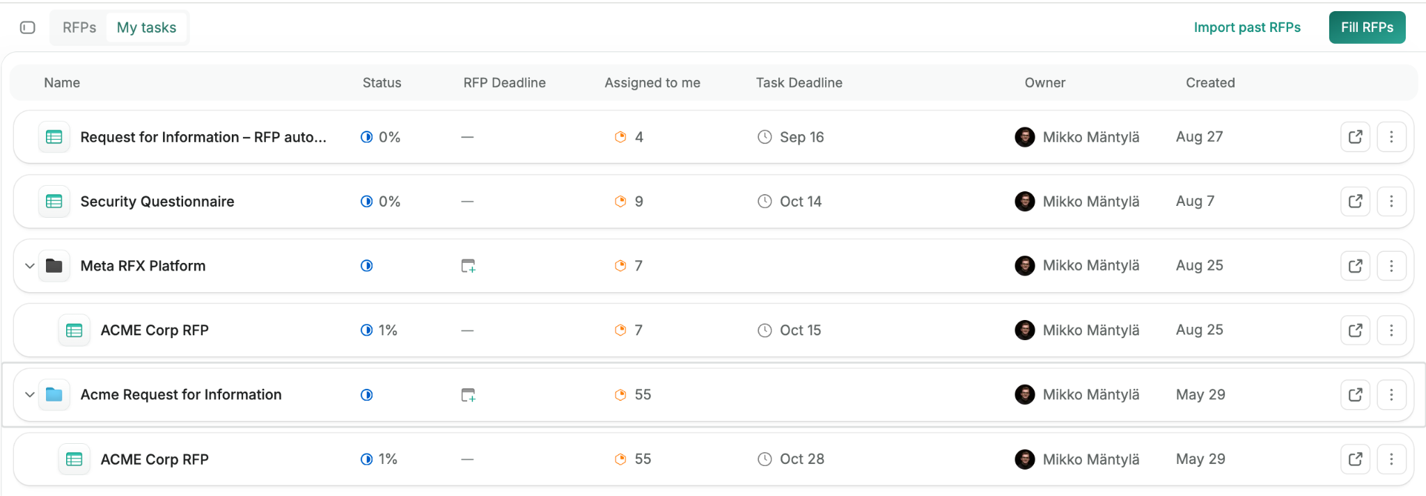 The My tasks tab on the RFP list, showing each RFP's status, deadline, number of items assigned to you, and owner
