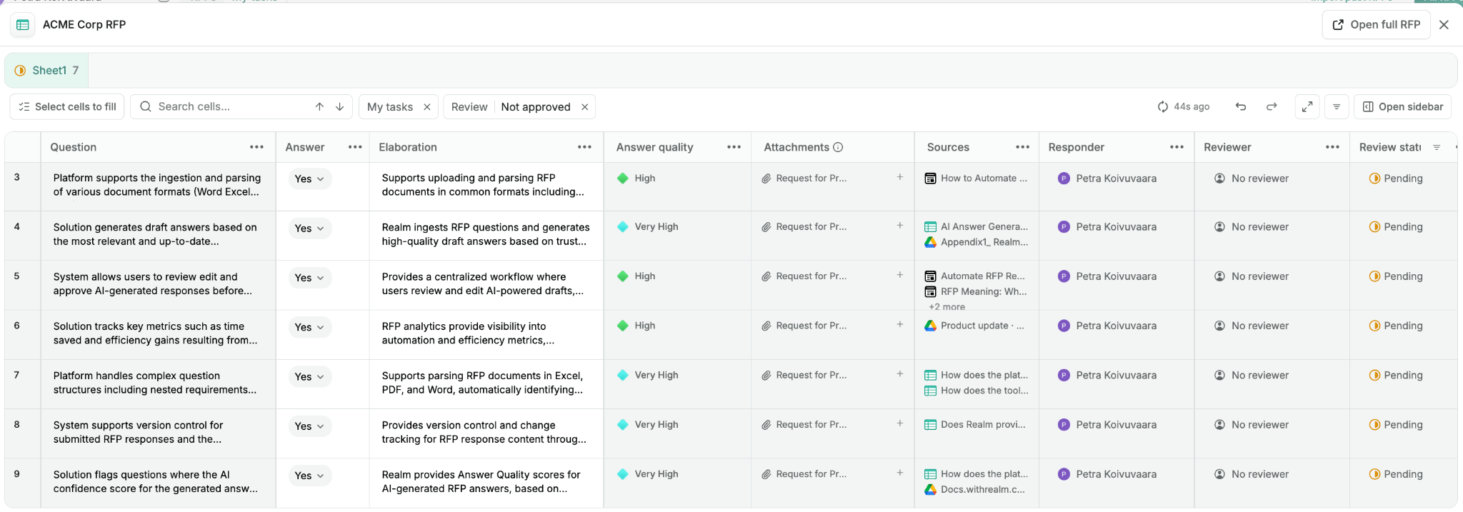 A single RFP opened from My tasks, filtered to your unapproved rows with question, answer, quality, sources and review status side by side
