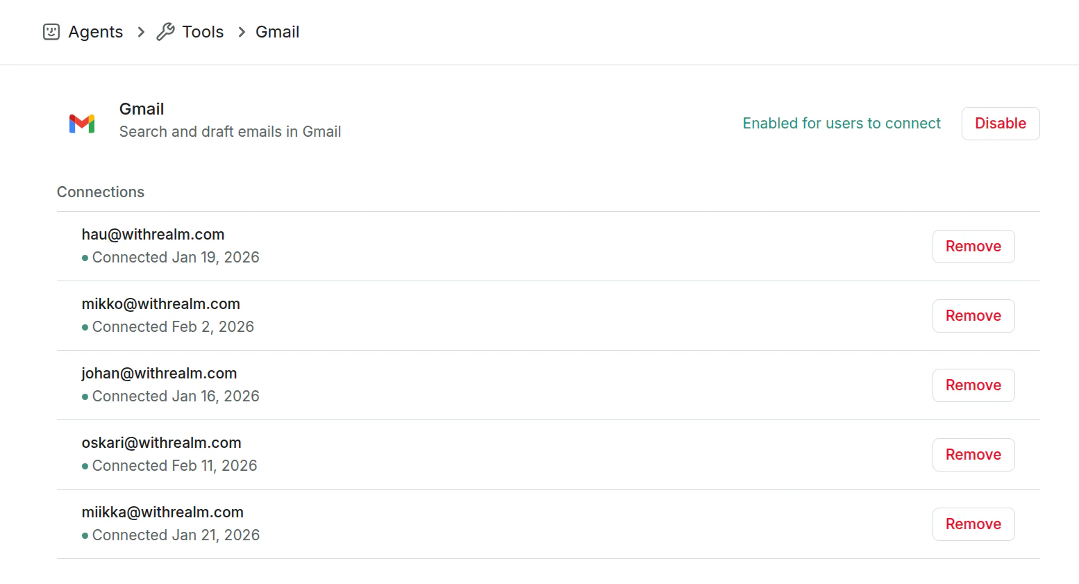 Tool connections list