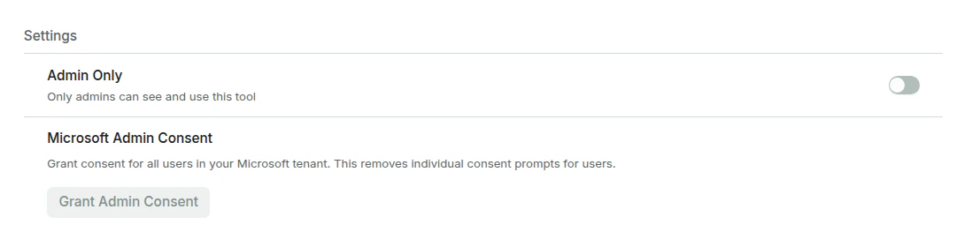 Tool settings with Admin Only toggle and Microsoft Admin Consent