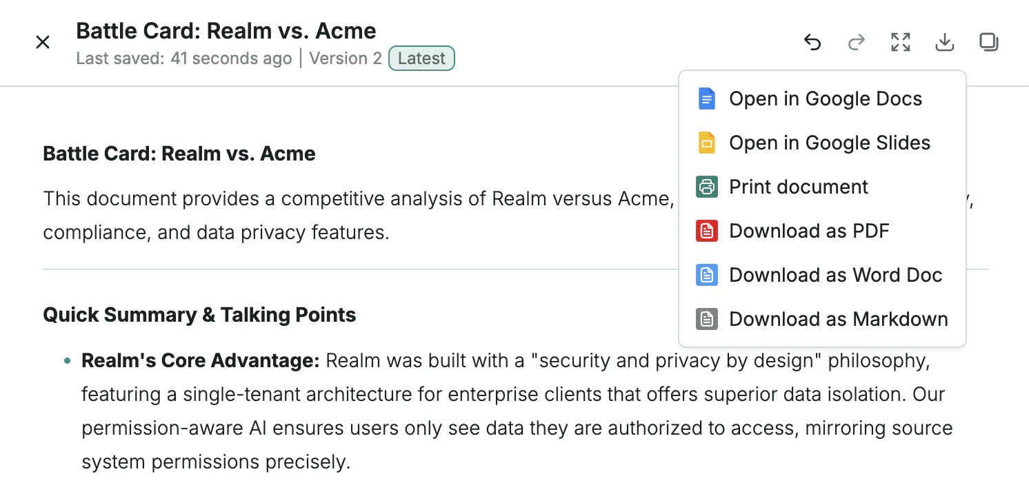 Exporting documents from Chat