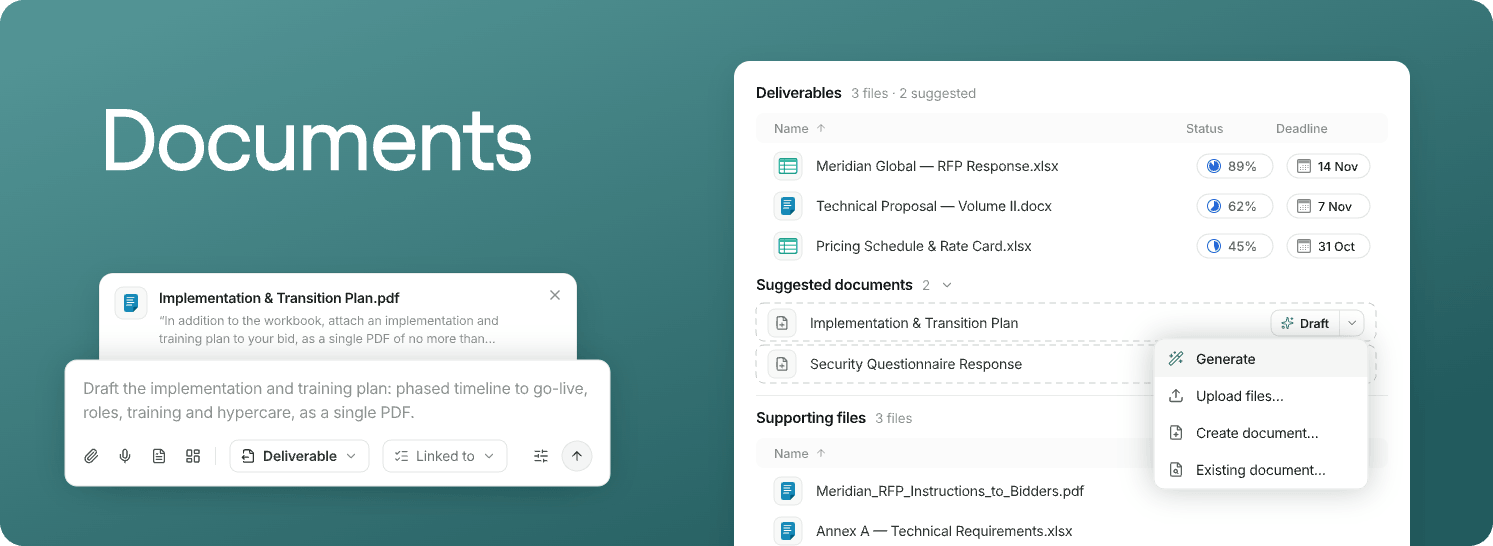 A project's Files tab listing deliverables and two suggested documents, with the Create menu open on Generate, Upload files, Create document and Existing document