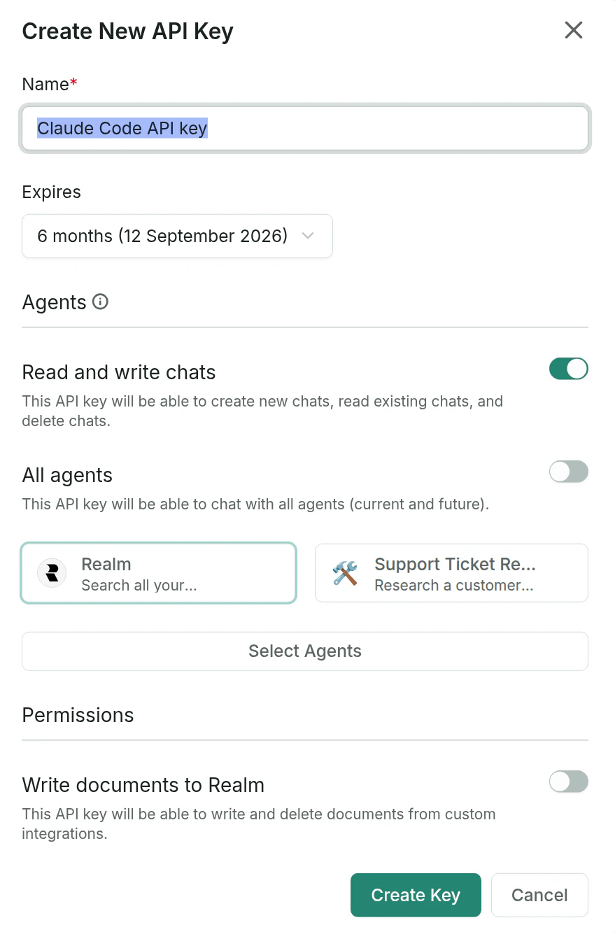 Create New API Key dialog