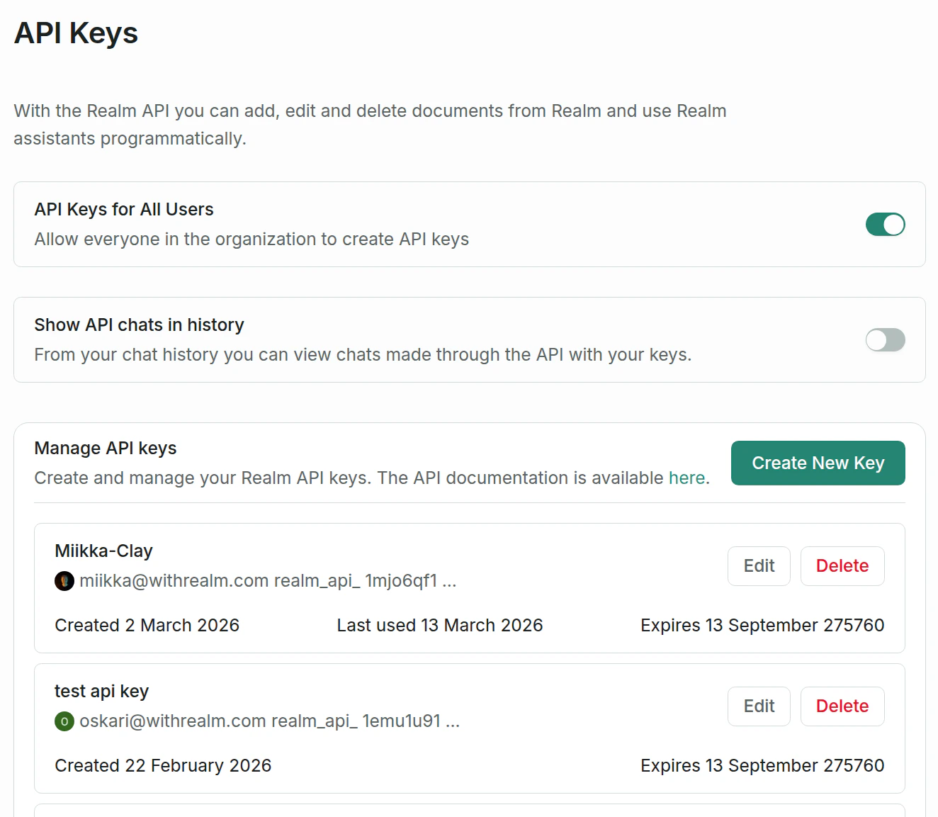 API Keys page