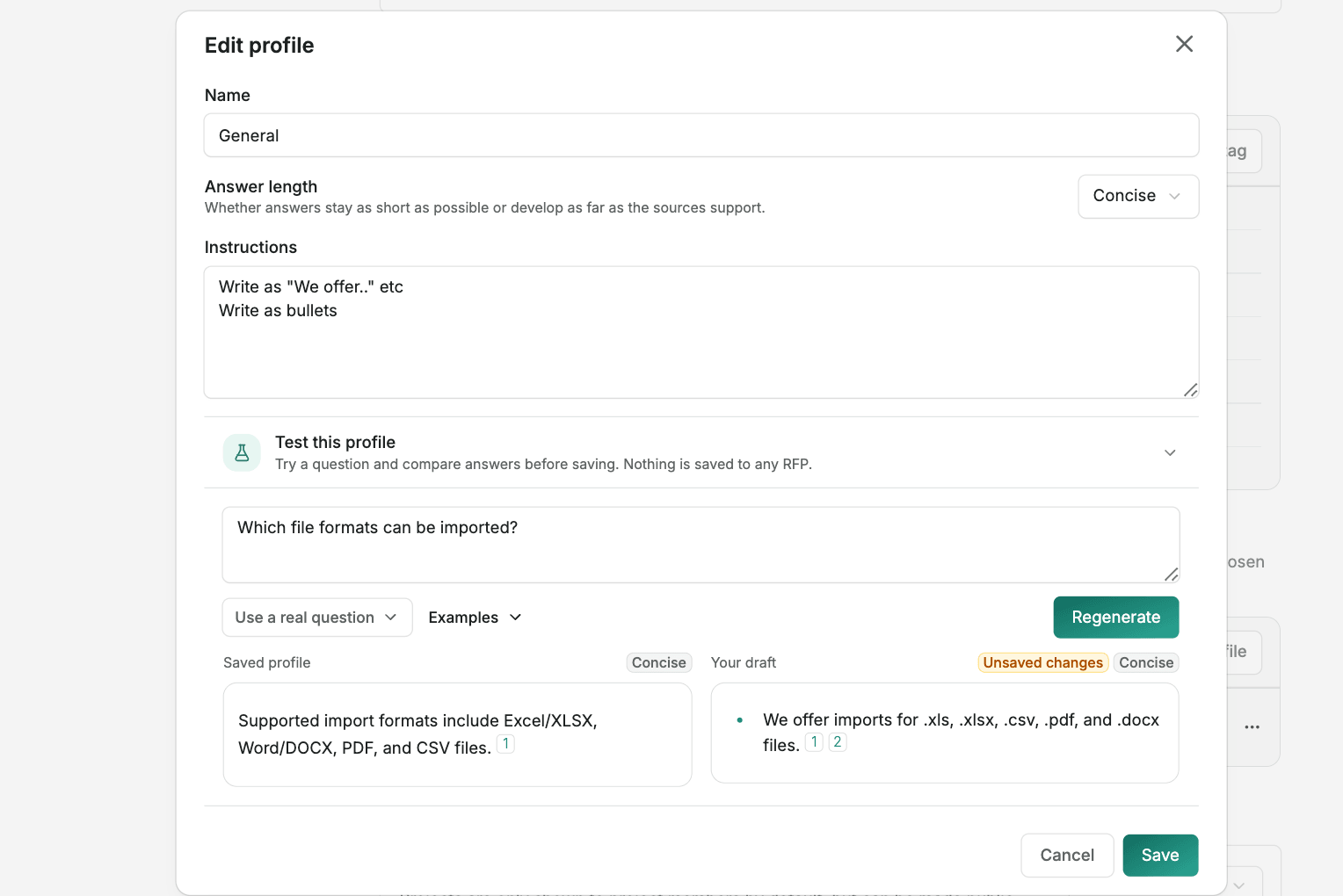 The Edit profile dialog, with answer length, instructions, and a sandbox comparing the saved profile's answer against a draft