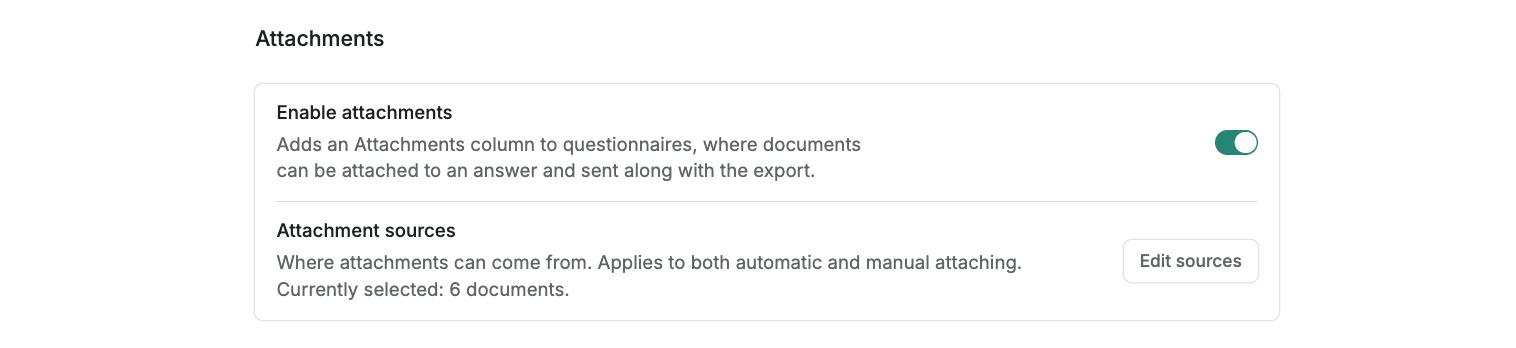 The Attachments settings panel with the Enable attachments toggle on and six documents selected as attachment sources