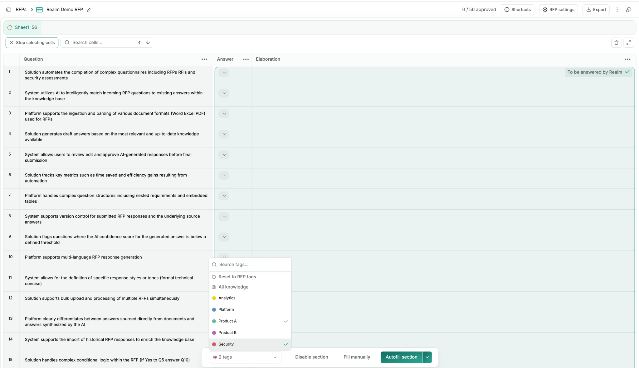 The tag picker on an RFP row, showing knowledge tags like Product A, Product B, and Security available to narrow what Realm reads from