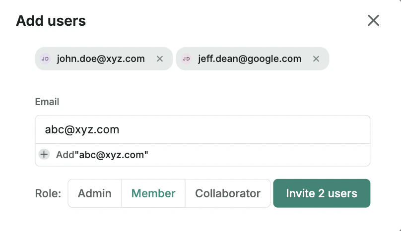 Add users dialog with email input and role selection