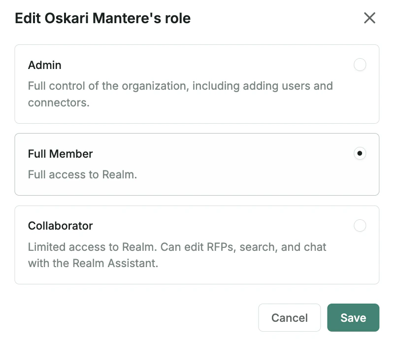 Edit role dialog with Admin, Full Member, and Collaborator options