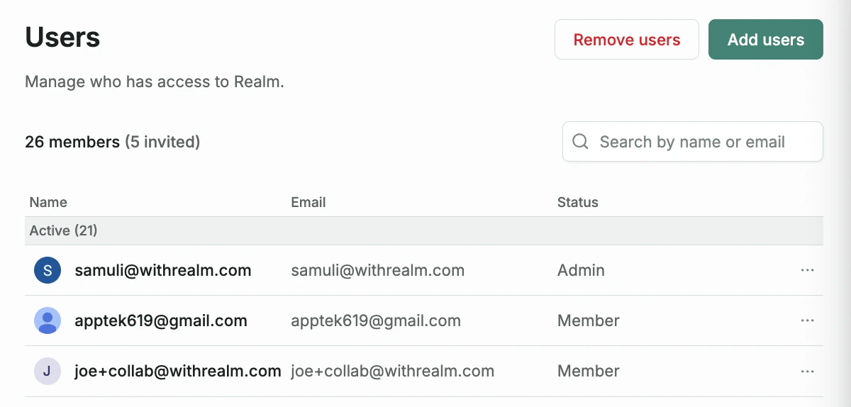 Users page showing user list with search and seat count
