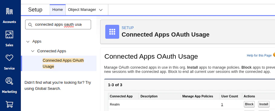 Salesforce Connected Apps OAuth Usage page showing the Realm app with an Install button