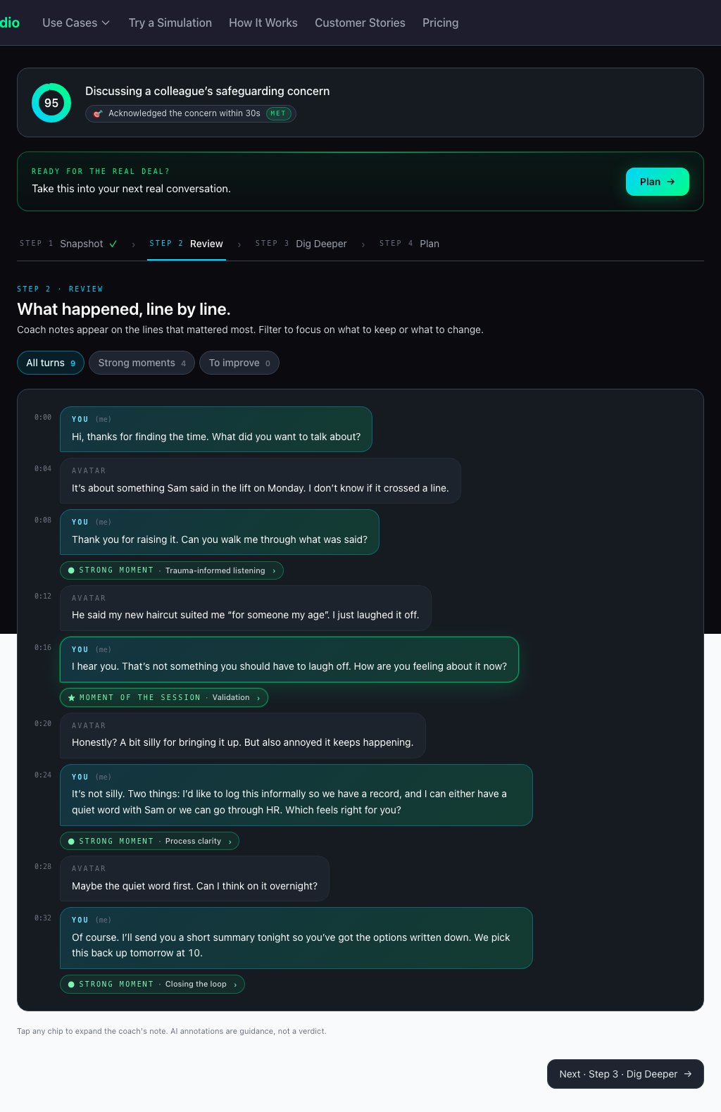 Feedback Review step with annotated transcript