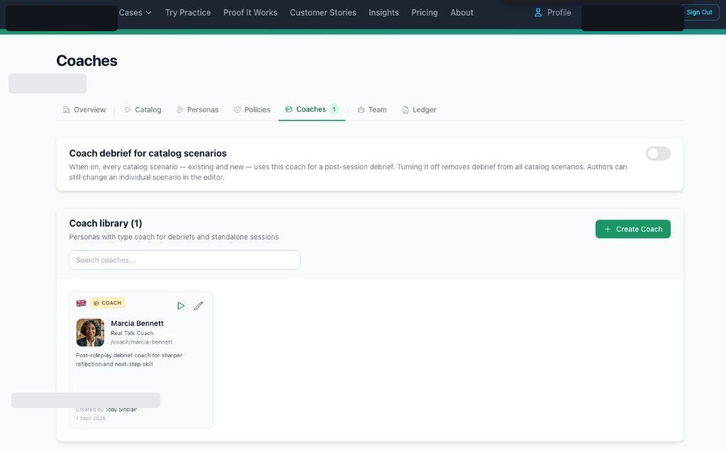 Organization Coaches page with the catalog debrief toggle and a coach in the library