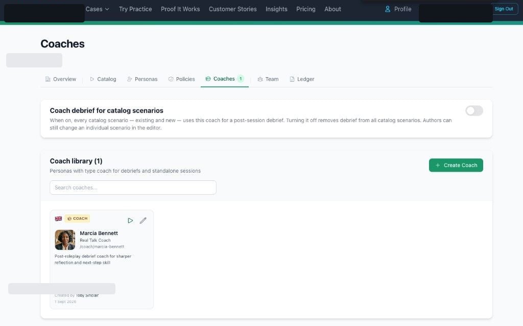 Organization Coaches page with the catalog debrief toggle and a coach in the library