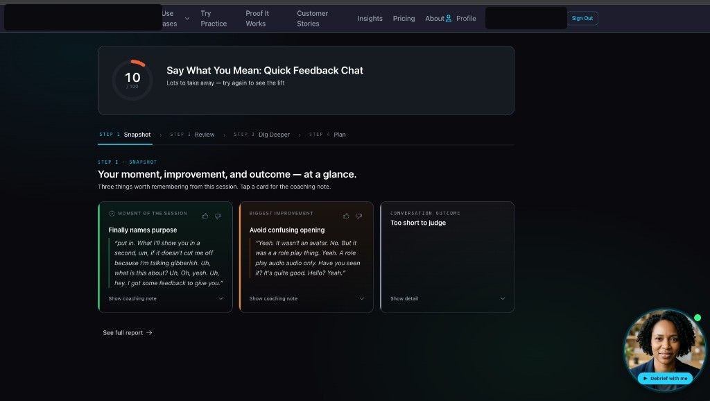Feedback snapshot with a coach avatar and Debrief with me in the bottom right