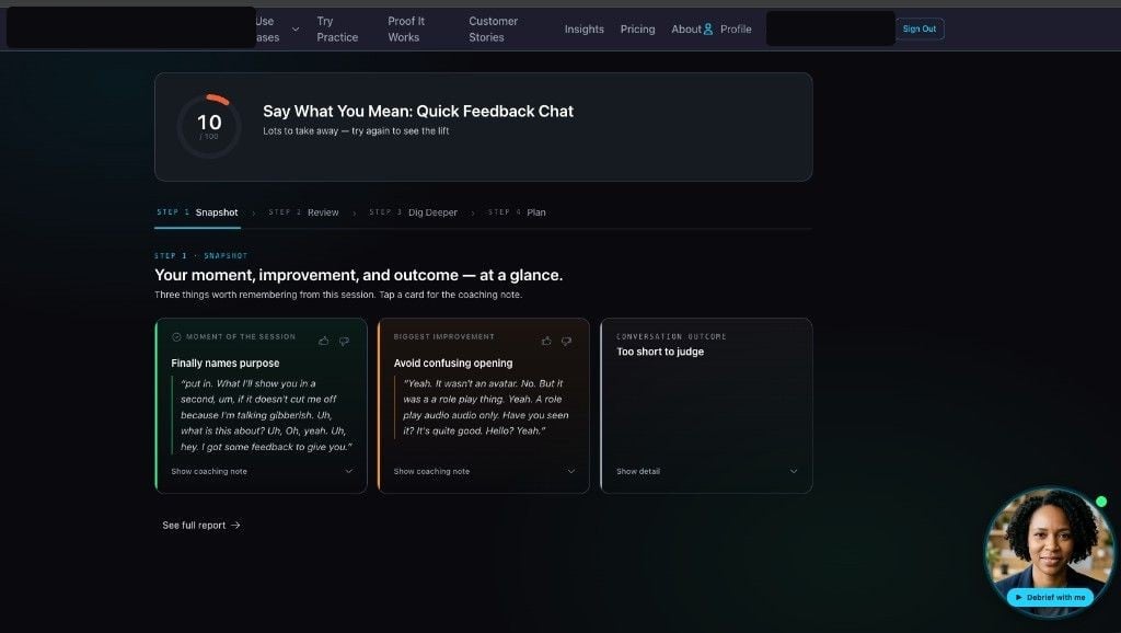 Feedback snapshot with a coach avatar and Debrief with me in the bottom right