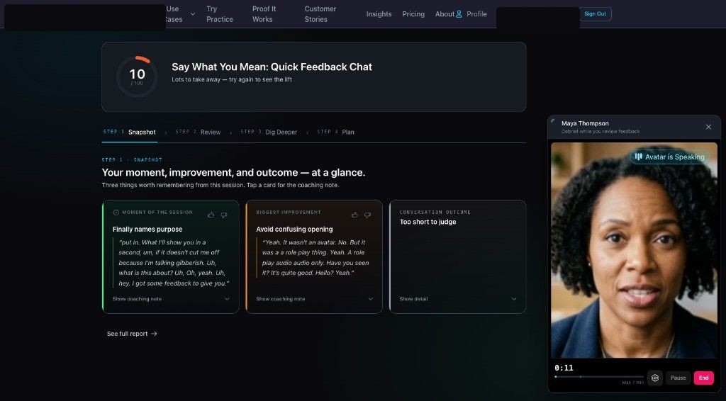 Live coach debrief in a floating window over the roleplay snapshot