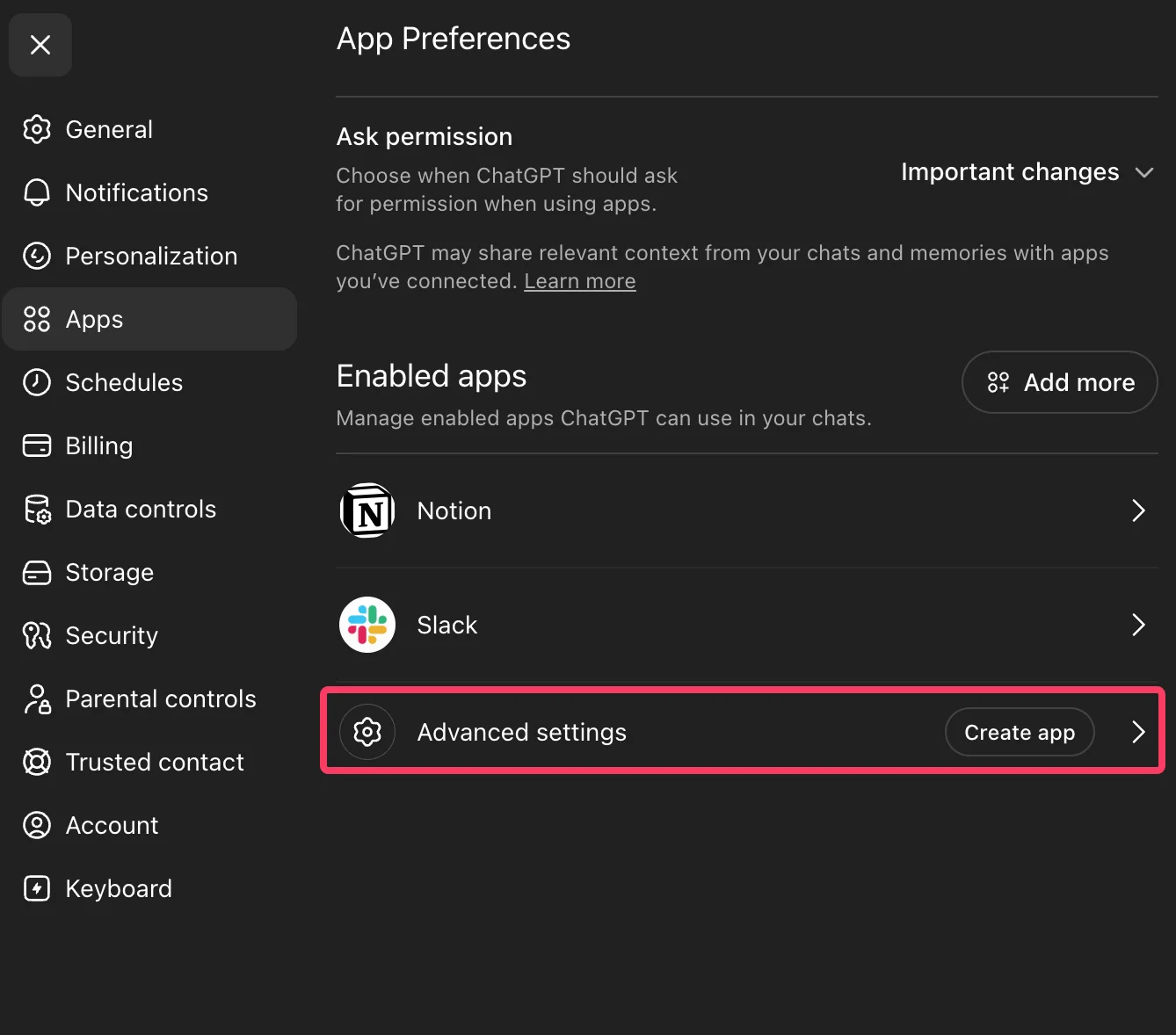 ChatGPT app preferences showing Advanced settings for creating an app