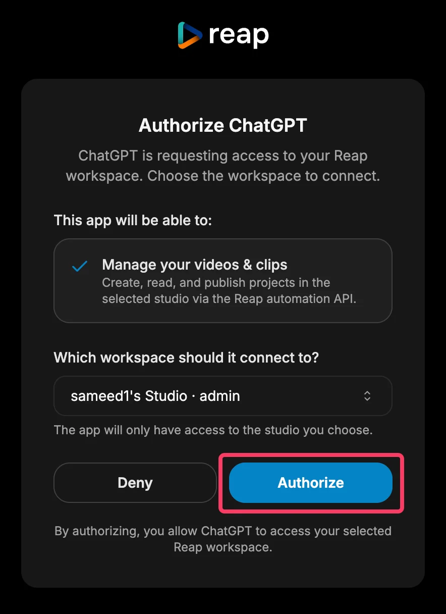 Reap authorization screen for granting ChatGPT workspace access