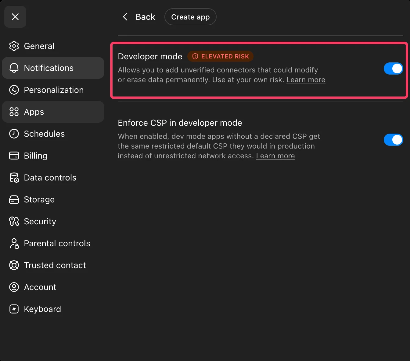 ChatGPT advanced settings with Developer Mode enabled