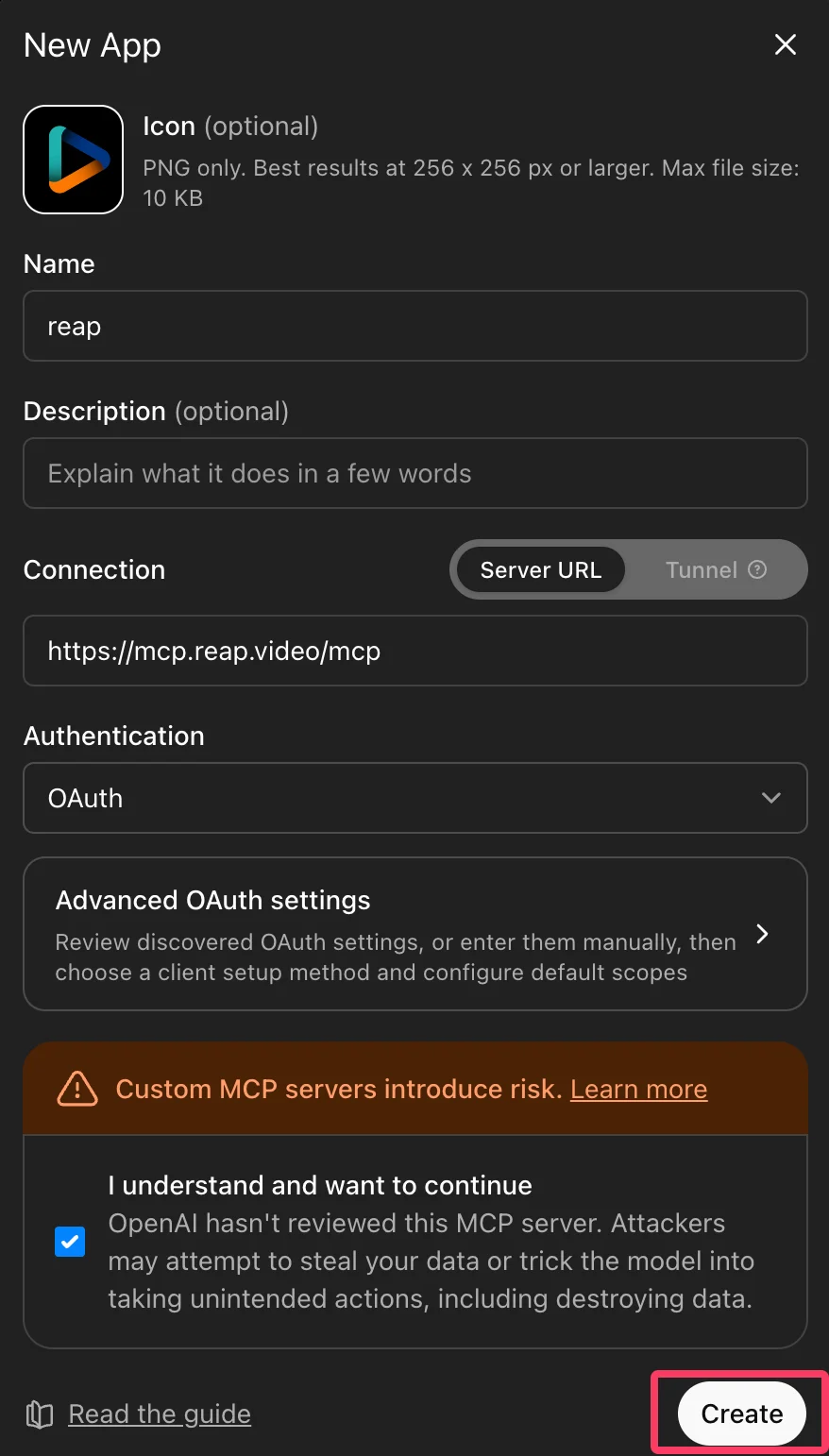 New ChatGPT app form with Reap MCP server URL and OAuth authentication