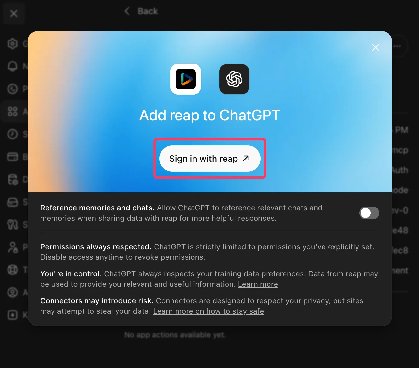 ChatGPT prompt to sign in with Reap