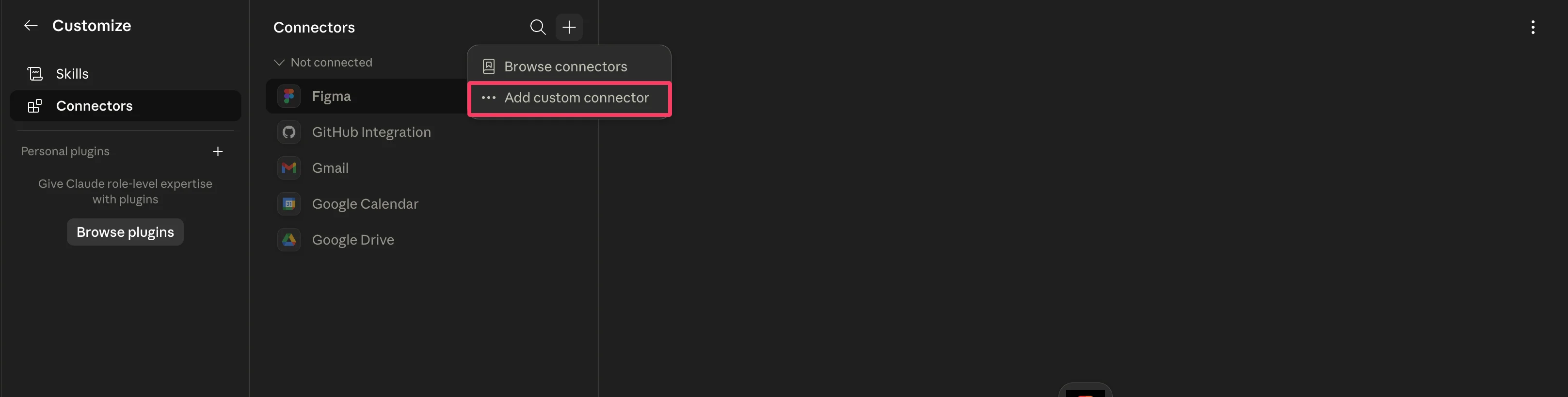 Claude Customize connectors menu showing Add custom connector