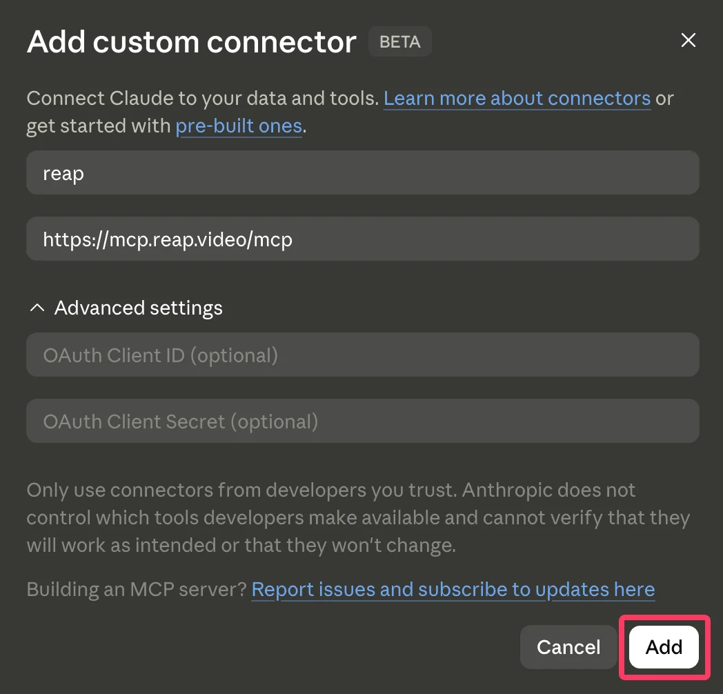 Claude Add custom connector form with Reap MCP server URL