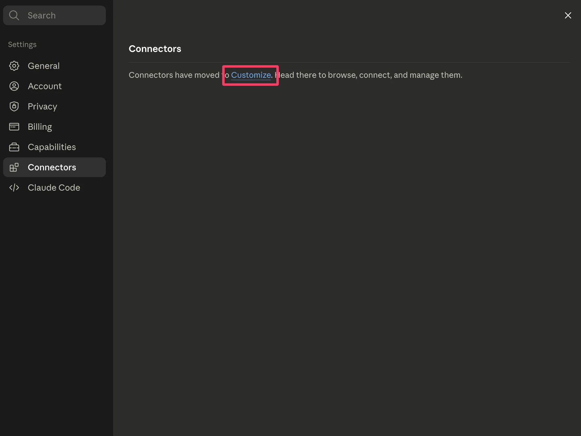 Claude settings showing the Connectors section and Customize link