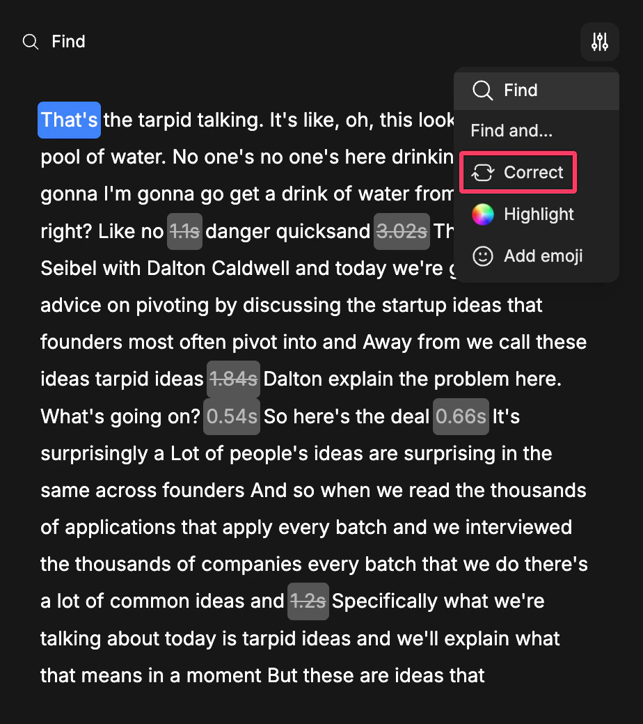 Correct a word from transcript options