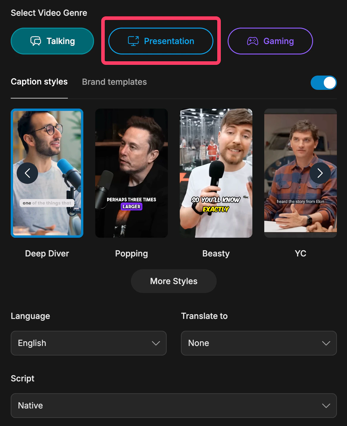 Presentation mode selected for screen-sharing videos