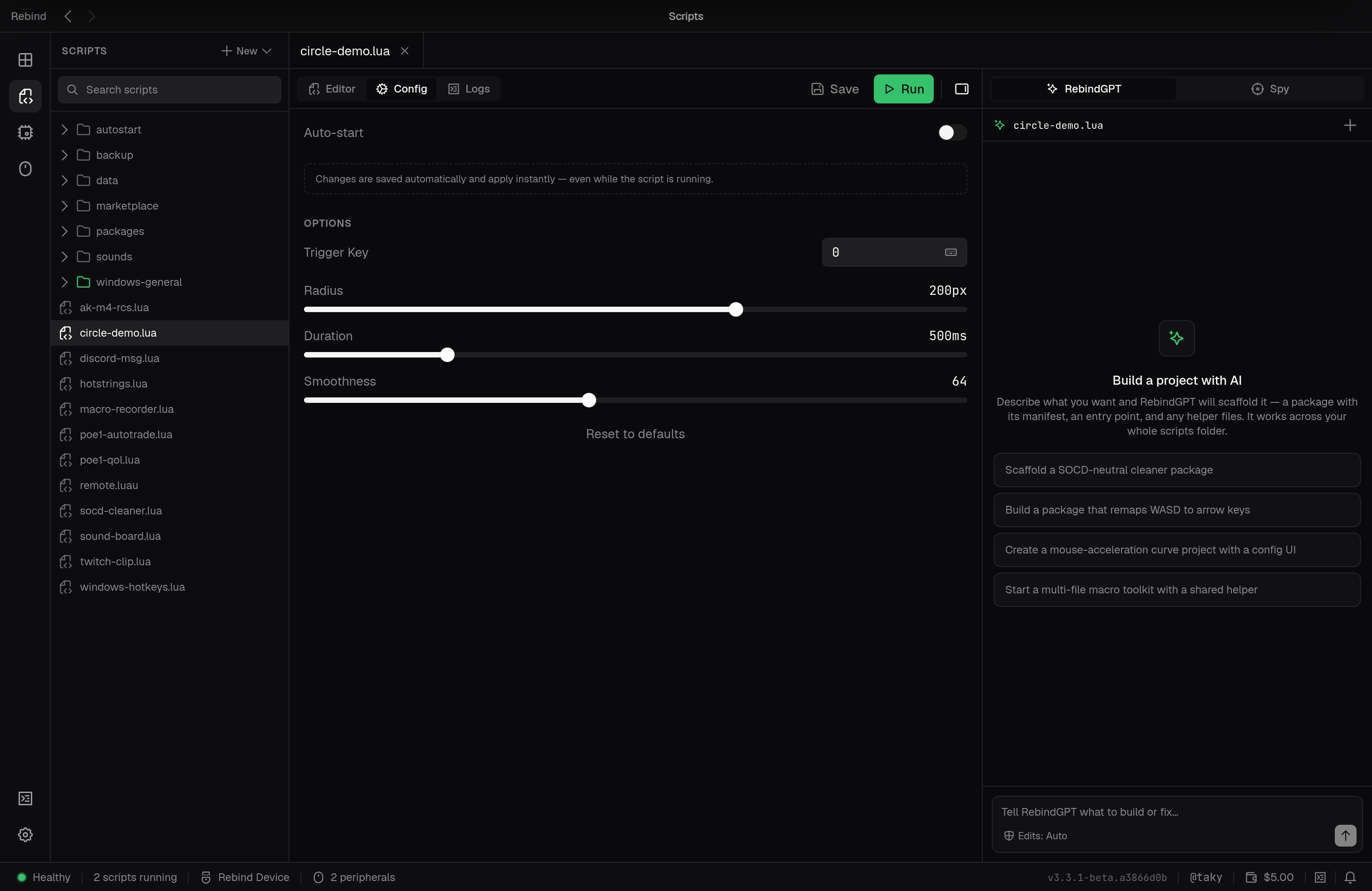 The Config tab for a running script showing a trigger keybind, radius, duration, and smoothness sliders, and an auto-start toggle
