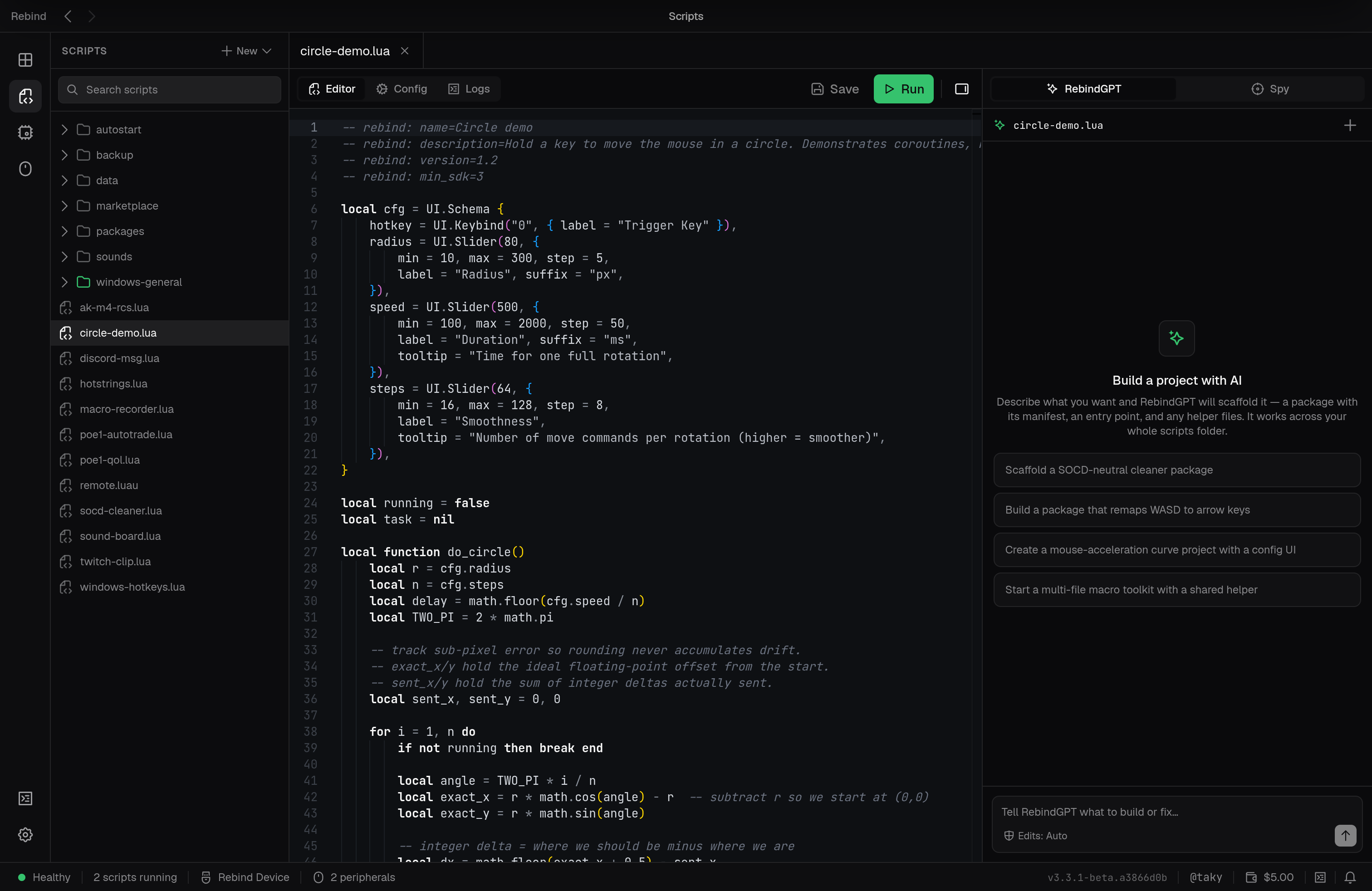 The Rebind script editor showing a Luau script with a UI.Schema config, the script explorer, Save and Run buttons, and the RebindGPT assistant panel