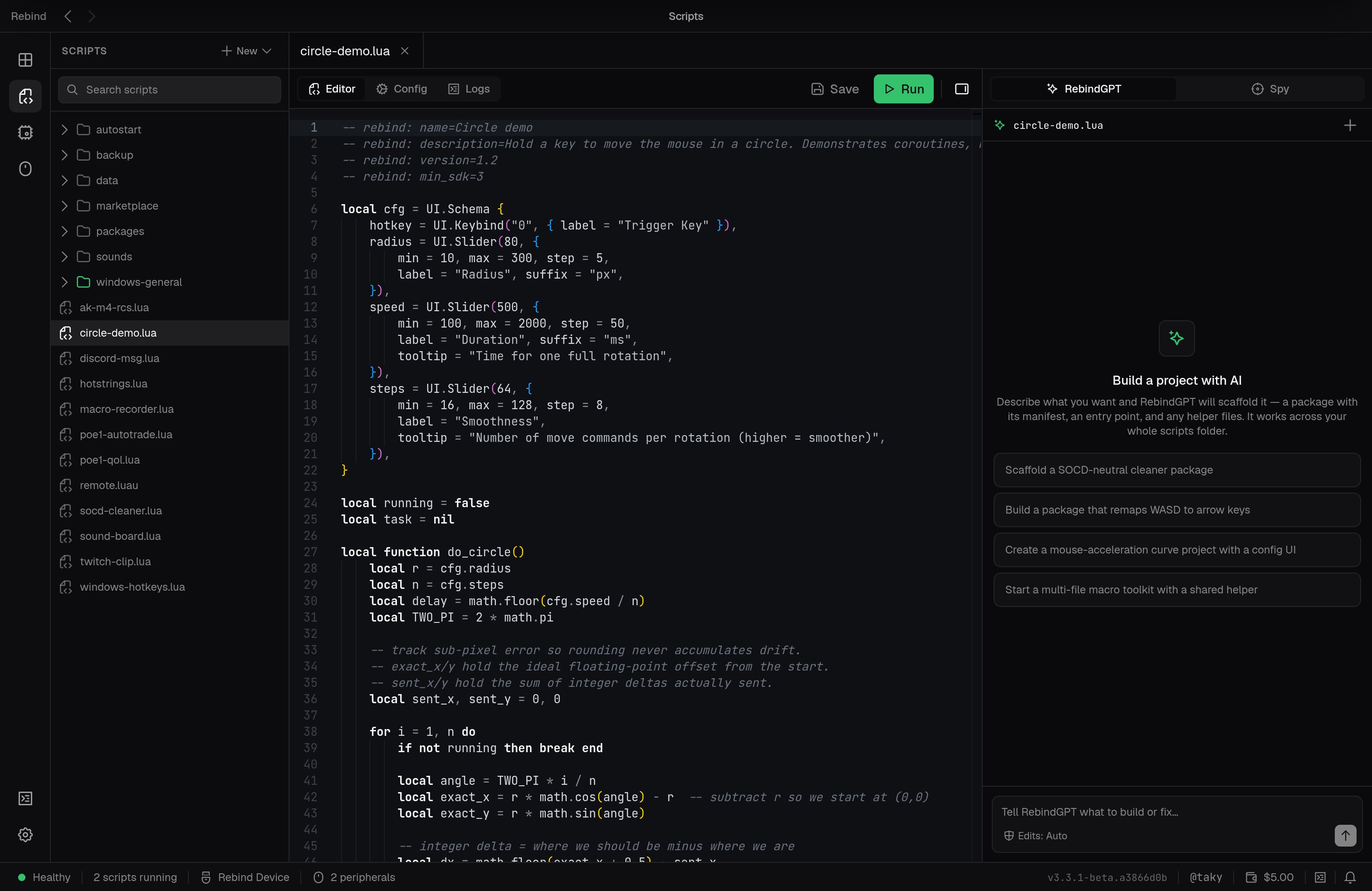 The Rebind script editor showing a Luau script with a UI.Schema config, the script explorer, Save and Run buttons, and the RebindGPT assistant panel