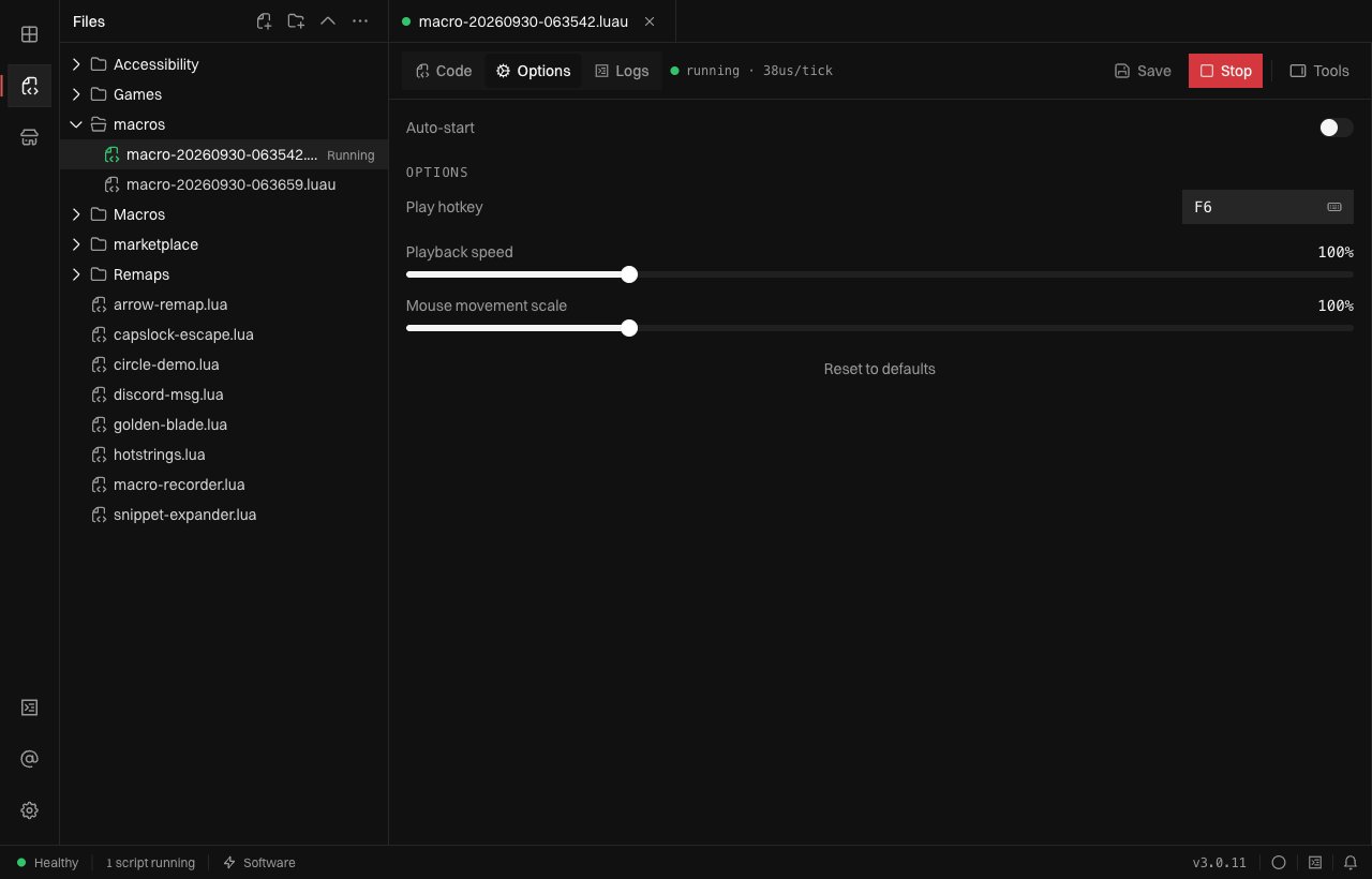 Running macro in Options with Play hotkey F6, Playback speed 100%, Mouse movement scale 100%, and the Stop button