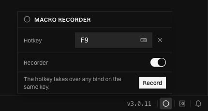 Macro recorder menu with Hotkey set to F9, Recorder switched on, and a Record button