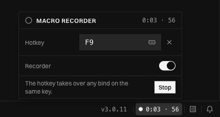 Active macro recorder showing a three-second timer, 56 captured actions, and the Stop button