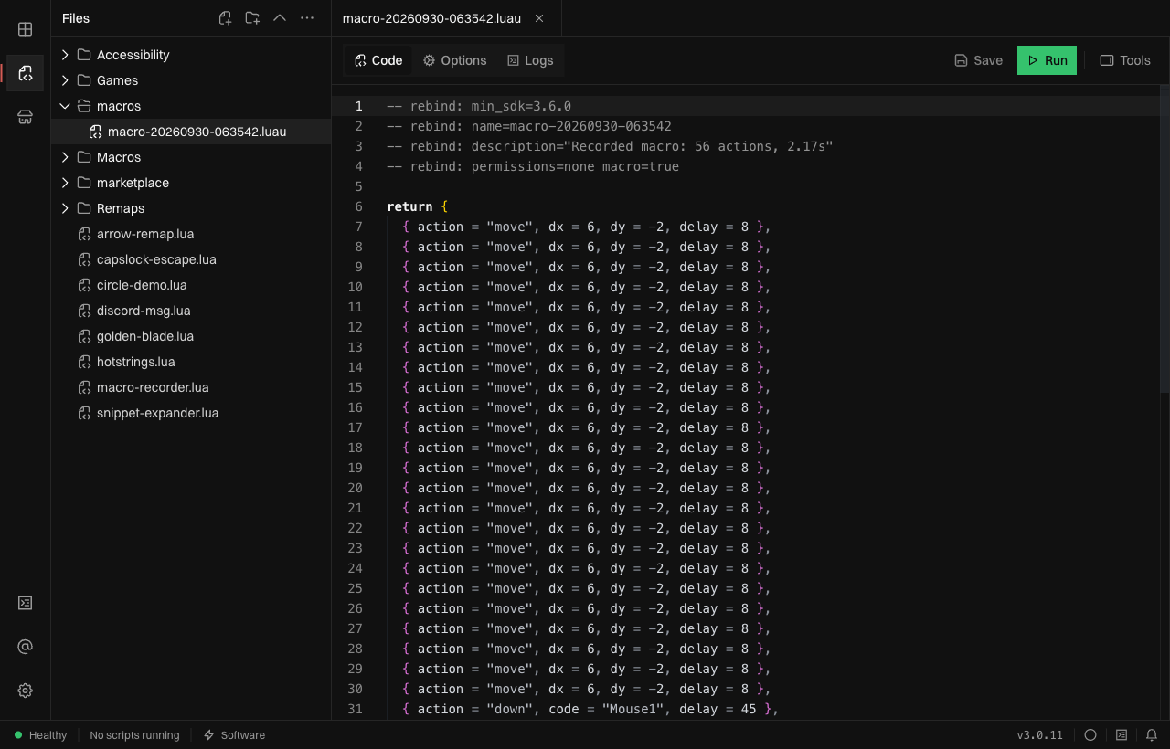 Scripts view with the macros folder expanded and a saved macro open in the code editor, beside the Options and Run controls