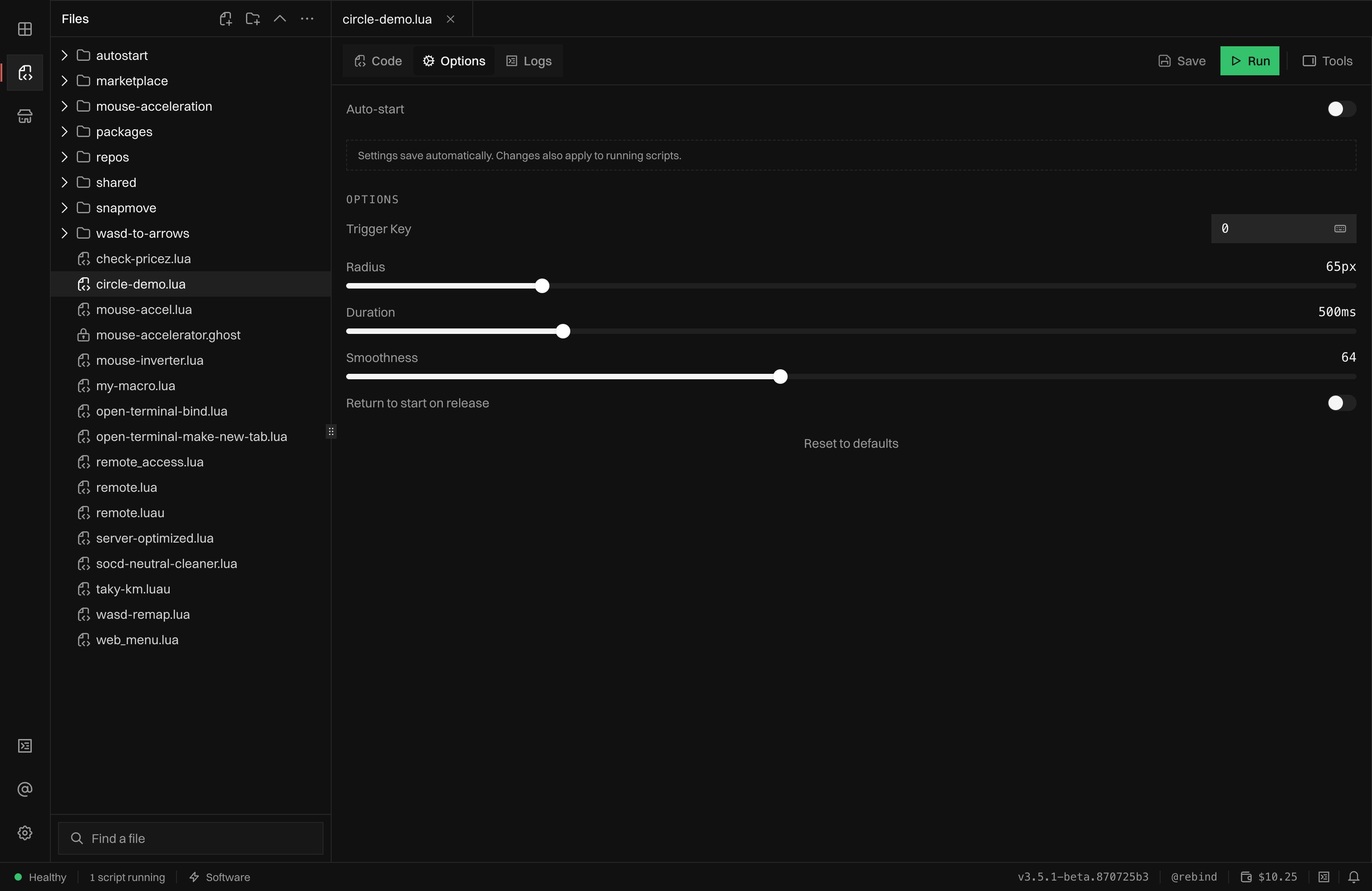 The Options tab for a script showing a trigger keybind, radius, duration, and smoothness sliders, a return-on-release toggle, and an auto-start toggle