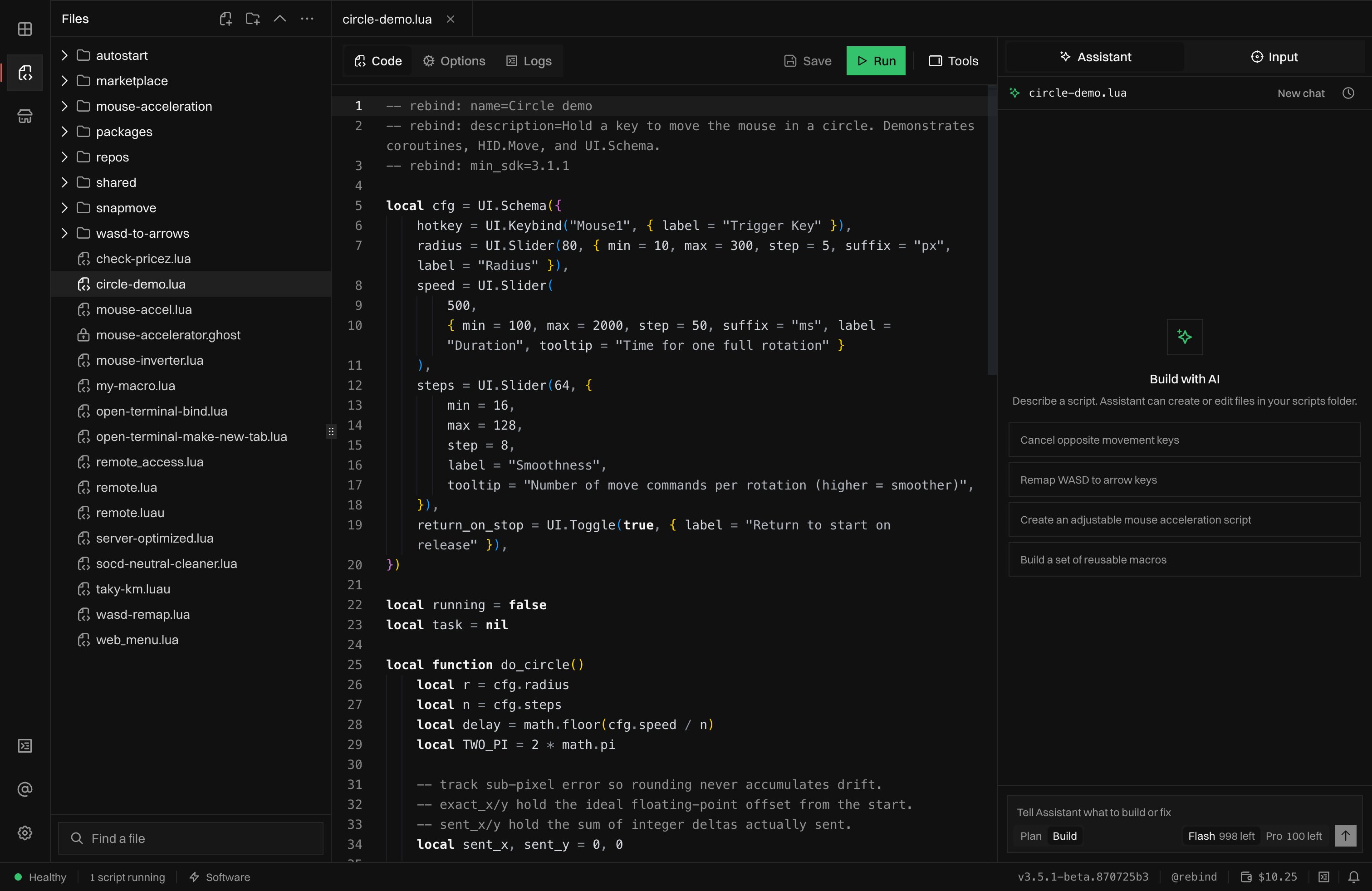 The Rebind script editor showing a Luau script with a UI.Schema config, the file tree, Save and Run buttons, and the Assistant panel